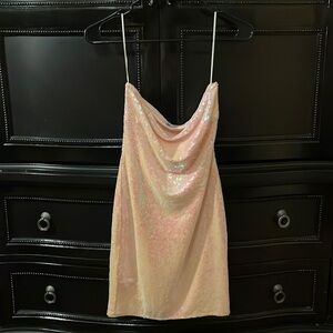 Fashion Nova Pink Iridescent Sequin Strapless Dress